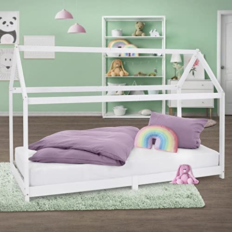 ML-Design Kinderbett 90 x 200 cm mit Dach und Lattenrost, Weiß, Hausbett für Mädchen und Jungen, Kinderhaus aus massivem Kiefernholz, Stabiles Jugendbett, Massivholz Kinder Bett, Bettenhaus Spielbett