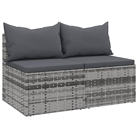 vidaXL Garten Mittelsofa 2 STK., Gartensofa mit Kissen Stahlrahmen, Sofa Sitzgruppe für Garten Terrasse, Gartenmöbel Loungemöbel, Grau Poly Rattan