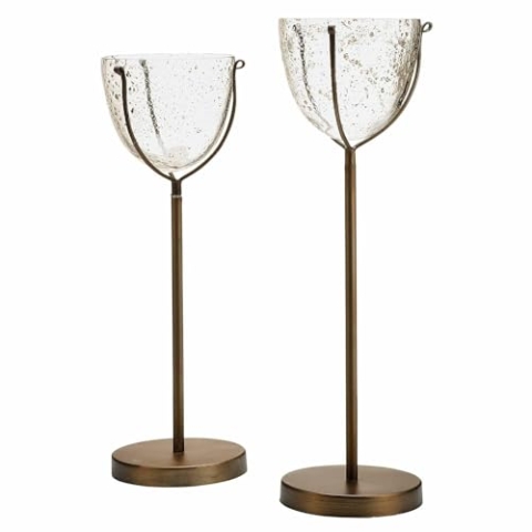 Loberon Kerzenständer 2er Set Piacello, Zwei Größen, Mundgeblasen, Eleganter Fuß, Kerzenhalter, Dekoration, Wohn-Accessiores, Eisen, Glas, antikbraun