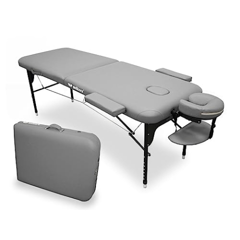 QUIRUMED Aluminium-Klappliege WELLCORE, 185 x 65 cm, Kunstleder, höhenverstellbar, Kopfstütze mit Gelenk, Gesichtsloch, Seitenarme, Silber, Tragetasche, bis 225 kg
