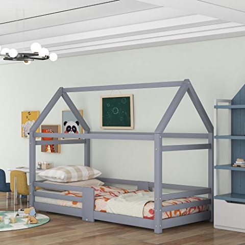 OKYION Kinderbett Kinderbett Hausbett mit Schornstein Bodenbett Bettgestell (Massivholz Bett ohne Matratze), 90×200cm, aus Kiefer Holz, Weiß oder Grau