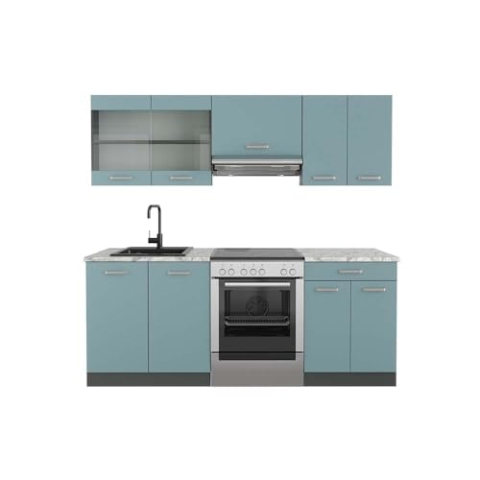 Vicco Küchenzeile R-Line, Küchenblock, Blau-Grau/Anthrazit, 200 cm, AP Marmor