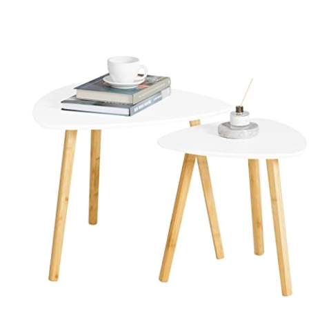 SoBuy 2er Set Beistelltisch mit Ablagen Couchtisch Sofatisch Kaffeetisch Satztisch Bambus Weiß/Natur FBT74-W
