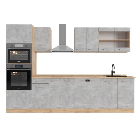 Vicco Küchenzeile R-Line, Beton/Goldkraft Eiche, 300 cm mit Hochschrank, AP Eiche