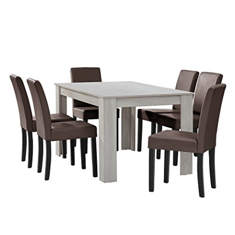 [en.casa] Esstisch Eiche weiß mit 6 Stühlen braun Kunstleder gepolstert 140x90 Essgruppe Esszimmer