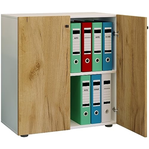 VCM Büroschrank mit 2 Fächern | moderner Aktenschrank mit Drehtüren | Maße ca. B. 70 x H. 74 x T. 40 cm - Lona 2-Fach Weiß/Honig-Eiche