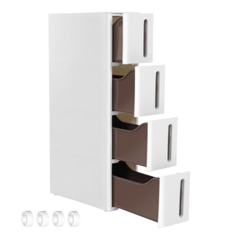 SONGMICS Nischenregal mit Rollen, Rollwagen mit 4 Schubladen, 17,3 cm breit, Badregal schmal, Rollregal, Küchenregal, PP-Kunststoff, platzsparend, 45,2 x 17,3 x 84 cm, weiß-braun KFR08WT