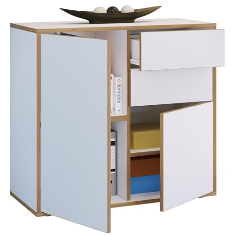 VCM Holz Kommode | Sideboard mit Drehtüren und Schubladen | Büromöbel | H. 74 x B. 80 x T. 33cm - Salia Weiß