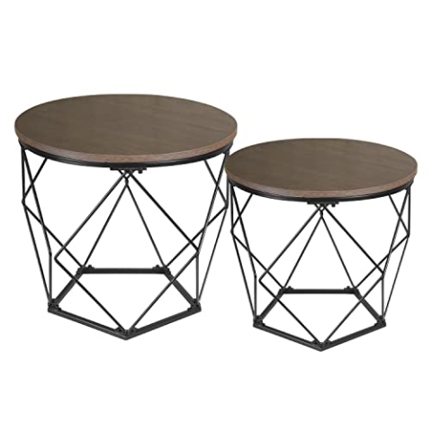 Ribelli 2er Set Beistelltisch, Wohnzimmertisch mit Korbfunktion, Couchtisch Rund, Korbtisch mit Abnehmbare Tischplatte, Metalltische für Wohnzimmer, Schlafzimmer, Büro, Braun/Schwarz, 500732