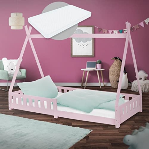 ML-Design Kinderbett Tipi 90x200 cm Rosa mit Matratze H:16cm, Rausfallschutz & Lattenrost, Kiefernholz, Indianer Bett Massivholz für Mädchen & Jungen, Hausbett mit Zaun, Jugendbett Spielbett Holzbett