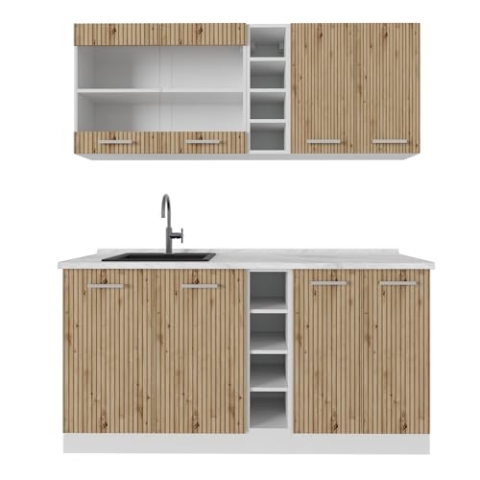 Vicco Singleküche R-Line, Küchenzeile Single, Artisan Eiche/Weiß, 160 cm, AP Marmor