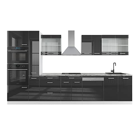 Vicco Küchenzeile R-Line, Anthrazit Hochglanz/Weiß, 350 cm mit Hochschrank, ohne Arbeitsplatte