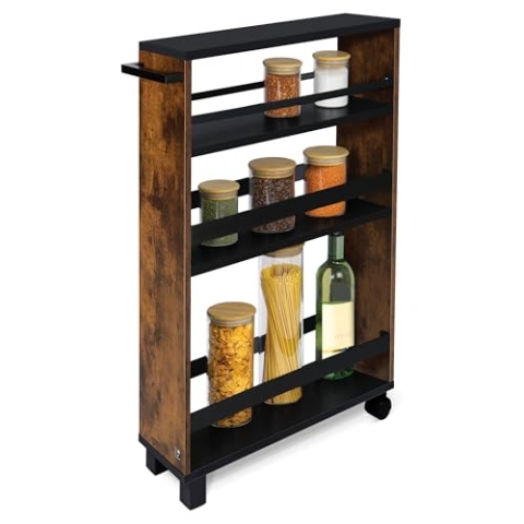 bomoe Nischenregal 15cm breit – Küchenwagen Küchenregal Schmal – Rollwagen Schmal 3 Fächer & Arbeitsplatte – Nischenschrank Küche Bad Büro – Bathroom Cart Nischenwagen Braun Schwarz 79x50 cm – Hylla