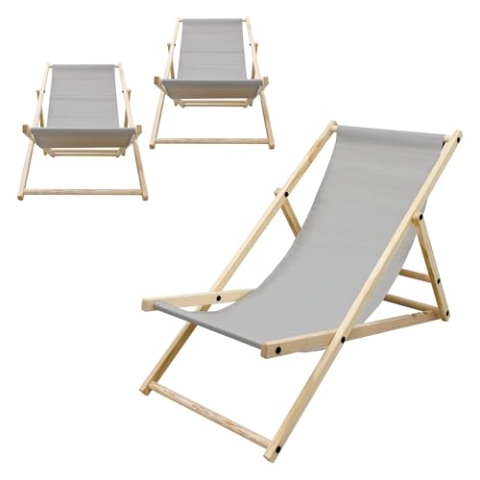 ECD Germany 3er Set Liegestuhl klappbar, Hellgrau, Holz, verstellbare Rückenlehne, 3 Positionen, bis 120kg, Sonnenliege Gartenliege Strandliege Strandstuhl Holzklappstuhl, für Garten, Balkon & Strand