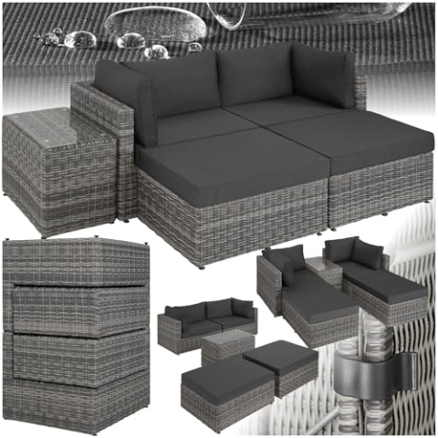 tectake® Rattan Gartenmöbel Set, Variables Lounge Möbel für 4 oder 2 Personen, Ecksofa, Liege, großes Sofa mit Tisch oder als Doppelliege, Balkonmöbel Outdoor, Terrassenmöbel (hellgrau/dunkelgrau)