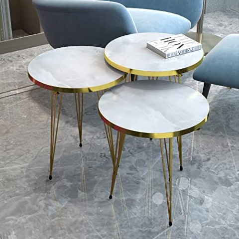 [en.casa] Satztisch Skibby Beistelltisch im 3er Set Kaffeetisch mit Hairpinlegs für Wohnzimmer 3-TLG. aus Metall und Spanplatte rund Marmor, weiß/Gold