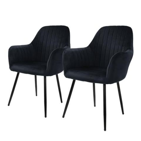 ML-Design 2er Set Esszimmerstühle mit Rücken- und Armlehnen, Schwarz, Küchenstühle mit Samtbezug, Polsterstühle mit Metallbeinen, Ergonomische Stühle für Esstisch, Wohnzimmerstühle Esszimmerstuhl