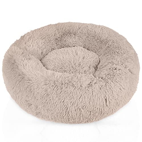 INTIRILIFE Flauschiges Plüsch Haustierbett in Beige Durchmesser 80 cm - Weiches rundes rutschfestes Hundebett Katzenbett Kissen Komfortables Hundesofa Katzensofa für Hunde und Katzen