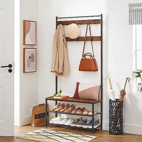 ACAZA 3-in-1 Garderobenständer mit Bank & Schuhregal – Flurmöbel aus Metall und Holz – Kleiderständer mit Sitzbank – 85 x 32 x 175cm - Vintage braun