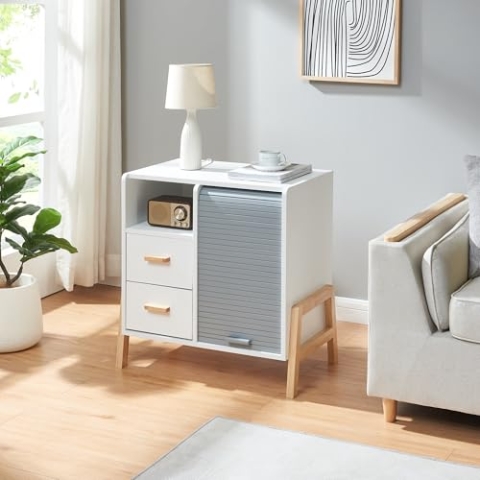 [en.casa] Sideboard Kvaefjord 66x60x40 cm Kommode mit Einer Jalousietür und Schubladen Mehrzweckschrank Wohnzimmerschrank Weiß/Grau