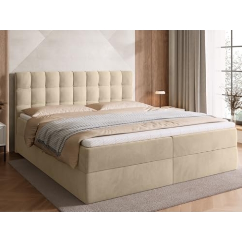 BROMARKT Boxspringbett mit Bettkasten Polsterbett mit Bonell-Matratze und Topper Doppelbett mit Stauraum Bett für Schlafzimmer gepolstertes Kopfteil Detroit 180x200 Härtegrad H3 Samtstoff Beige