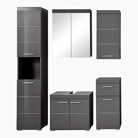 trendteam smart living - Amanda - Badezimmer Komplettset (WBU + Spiegelschrank LED + Standschrank + Hochschrank + Hängeschrank) - Agave Grau Hochglanz - (BxHxT) 163 x 190 x 34 cm - Kratzfest