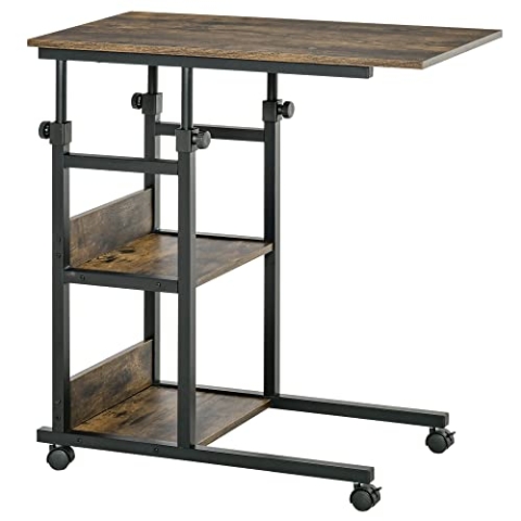 HOMCOM Beistelltisch Couchtisch mit Rollen, Höhenverstellbarer Schreibtisch mit 2 unteren Regalen, Sofatisch Laptoptisch, Betttisch, für Esszimmer Wohnzimmer, Metall, Braun, 80x40x72-82 cm