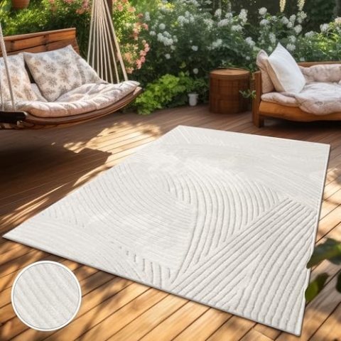 Paco Home Teppich In- & Outdoor, Moderne abstrakte Boho Designs mit 3D Struktur, robust & wetterfest, ideal für Terrasse Wohnzimmer & Küche, Grösse:200 cm Rund, Farbe:Creme 5
