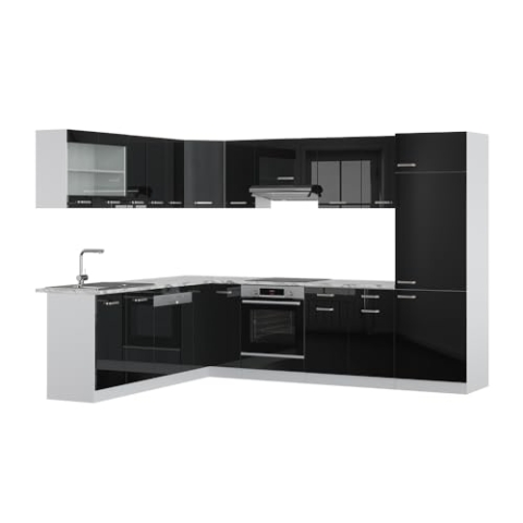Vicco Eckküche R-Line, Küchenzeile in L-Form, Schwarz Hochglanz/Weiß, 227 x 287 cm, AP Marmor
