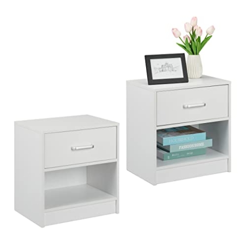 Relaxdays 2 x Nachttisch mit Schublade, offenes Fach, HBT: 41,5 x 39 x 31 cm, Nachttischschrank Schlafzimmer, Nachtkasten, weiß