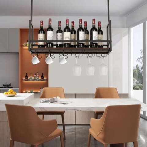 [en.casa] Deckenregal Borejle Weinregal 80 x 30 x 65 cm Weinglashalter hängend Bar Regal für Weinflaschen Metallrahmen Schwarz/Walnussoptik