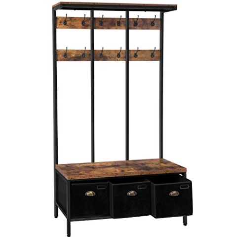 HOOBRO Garderobenständer, Große Garderobe, Kleiderständer mit 12 Haken, Sitzfläche mit 3 Aufbewahrungsbox, Schuhbank, Stabil, Industrie, für Eingangsbereich, Wohnzimmer, Schlafzimmer EBF33MT01