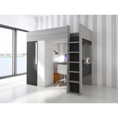 Vente-unique-Hochbett mit Schreibtisch & Kleiderschrank - 90 x 200 cm - Anthrazit & Weiß - Nicolas II