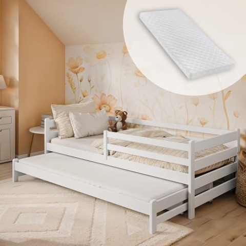 Kinderbett 90x200 mit Ausziehbett 90x190 und Zwei Schubladen, Rausfallschutz und Lattenrost, weiß, Kinderbett Doppelbett Funktionsbett, inklusive 2 Matratzen | von 4. bis 18. Lebensjahr