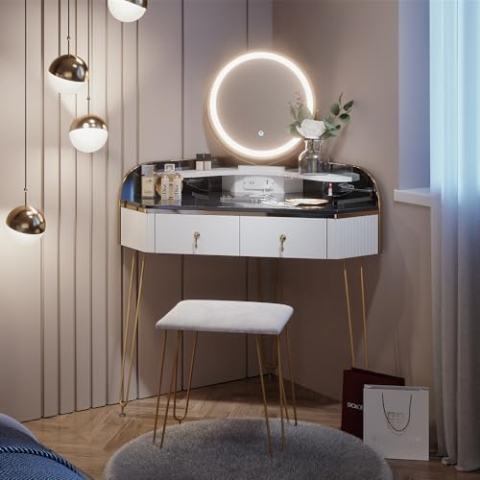 Vicco Eckschminktisch Amira, Weiß Hochglanz/Grau Hochglanz, 99 cm mit LED Spiegel, Hocker und USB