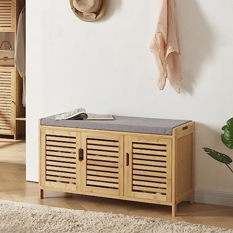 [en.casa] Schuhschrank Selk Sitzbank Moderne Schuhtruhe Sitzkommode Garderobenbank mit Stauraum Gepolsterte Sitzfläche Ankleideraum Schlafzimmer Flur 50x90x35 cm Bambus Natur