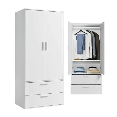 mokebo Kleiderschrank klein in Weiß 2-türig 'Der Kleiderheld, mit Zwei durchlaufenden Schubladen und verstellbaren Einlegeboden, Garderobenschrank, Flurschrank o. Schrank Holz in 80x180x51 (BxHxT)