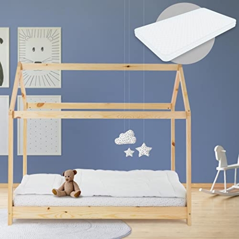 ML-Design Kinderbett 80x160 cm Natur mit Matratze, Dach und Lattenrost, Hausbett für Mädchen und Jungen, Kinderhaus aus Kiefernholz, Stabiles Jugendbett, Massivholz Kinder Bett, Bettenhaus Spielbett
