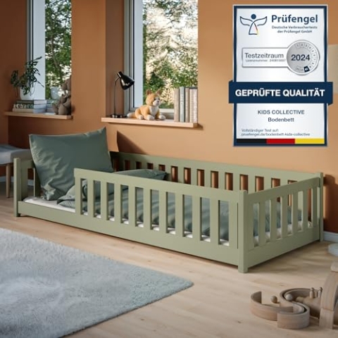 Kinderbett Bodenbett 90x190 cm Bett mit Rausfallschutz & Lattenrost Montessori Bett Bed Gitterbett Kinder Jugendbett Einzelbett optional mit Matratze | Olivgrün Kiefer Holz massiv Junge Mädchen