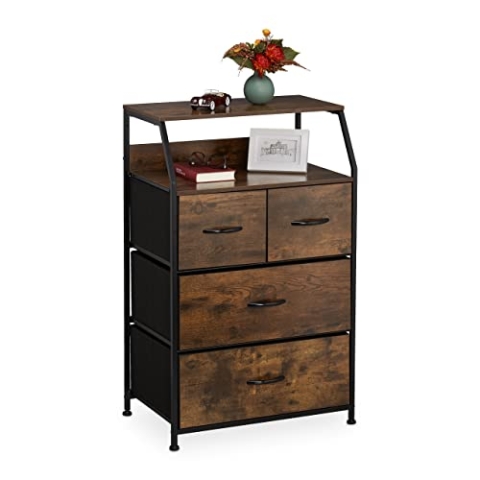 Relaxdays Kommode Industrial, HBT: 96,5 x 60 x 41,5 cm, Stoff, Metall, Holzoptik, 4 Schubladen, Sideboard, braun/schwarz