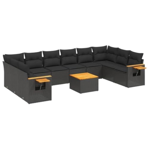 vidaXL Garten Sofagarnitur mit Kissen 11-TLG., Gartenmöbel Gartengarnitur, Sitzgruppe Sitzgarnitur, Lounge Sofa Garnitur Terrasse, Schwarz Poly Rattan