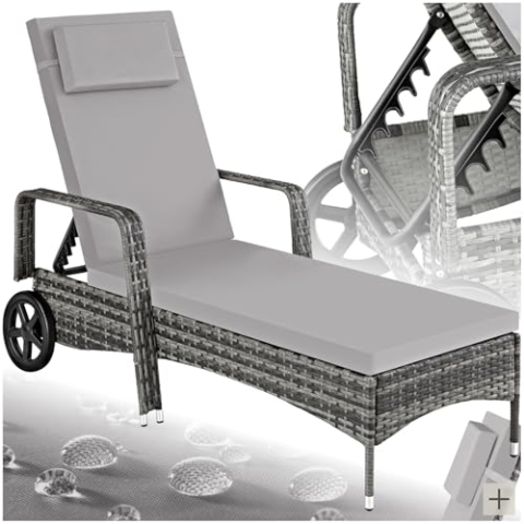 tectake Poly Rattan Gartenliege mit Rollen, 6-Fach höhenverstellbarer Liegestuhl, bis 120kg belastbar, Sonnenliege Rattan (wetterfest), Liege inkl. Polster und Kissen - grau/hellgrau