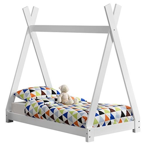 [en.casa] Kinderbett Onejda in Tipi-Design Bodenbett Jugendbett aus Kiefernholz Weiß 70 x 140 cm