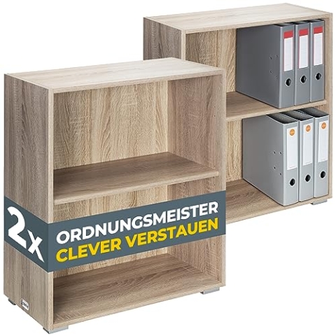 Casaria® Bücherregal 77x60x28cm 2X Eiche Holz 2 Fächer Boden Höhenverstellbar 150kg Belastbarkeit Kippschutz Bücher Büro Wohnzimmer Standregal Regal
