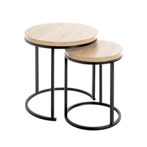 HAKU Möbel Beistelltisch 2er Set, Eiche, schwarz (Eiche hell), MDF, Metall - Maße: H 43 x Ø 32 cm/H 49 x Ø 45 cm, Style: Modern