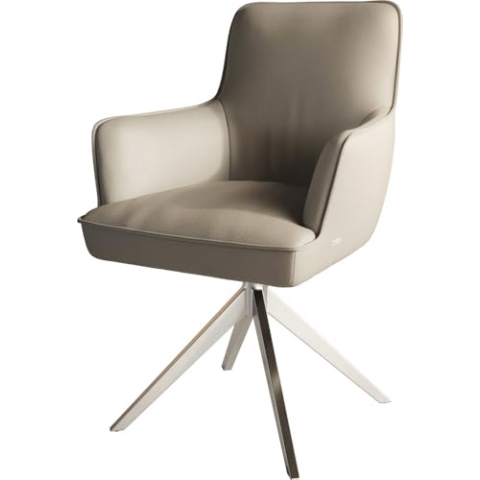 DELIFE Esszimmerstuhl Heira-Flex mit Armlehnen Kreuzgestell breit Edelstahl Echt-Leder Schlamm 360° drehbar Taschenfederkern