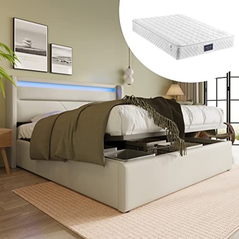 OKYION Boxspringbett Hydraulisches 140 x 200 cm mit LED-Beleuchtung, Polsterbett Doppelbett Stauraumbett mit Bettkasten Stauraum, PU Weiß (Mit Matratze)