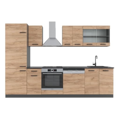 Vicco Küchenzeile R-Line, Goldkraft Eiche/Anthrazit, 300 cm ohne Arbeitsplatte