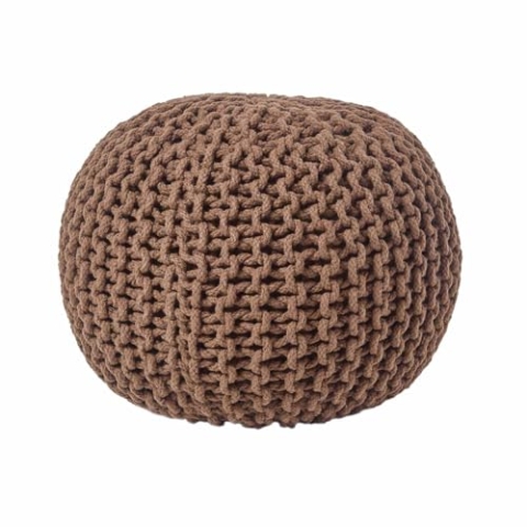 Homescapes Pouf Strickpouf rundes Bodenkissen, Sitzpouf 35 x 40 cm, gepolsterter Sitzhocker, Sitzpuff/Puff mit grob gestricktem Bezug aus 100% Baumwolle, Strickpuff, braun