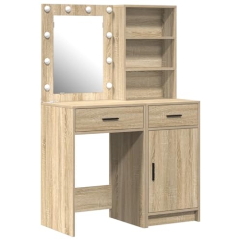 vidaXL Rechteckiger Schminktisch mit Spiegel und Schublade in Sonoma Eiche Stylish Makeup Ideal für Schlafzimmer Gästezimmer Elegante MDF Konstruktion Reichlich Stauraum Vanity Holz Möbel Modernes